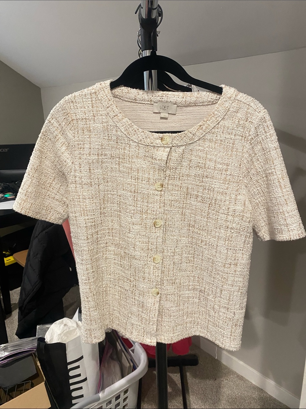 LOFT Cream Tweed Short-Sleeve Button Cardigan with Subtle Gold Threading